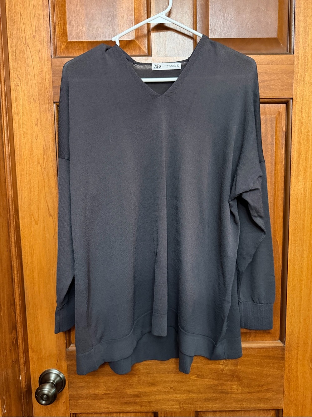 ZARA Women Slate Gray Knit V-Neck Long Sleeve Pullover Sweater Solid